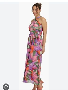London Times Floral Halter Maxi Dress in Pink, Purple & Green